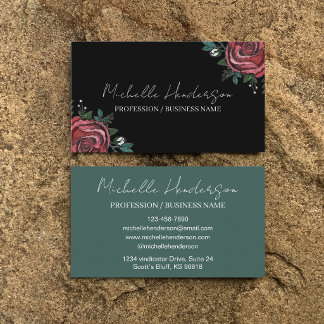 Elegant Black Green Red Rose Illustration Florist Business Card