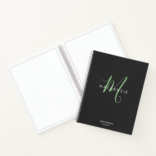 Elegant Black Green Script Monogram Sketchbook Notebook