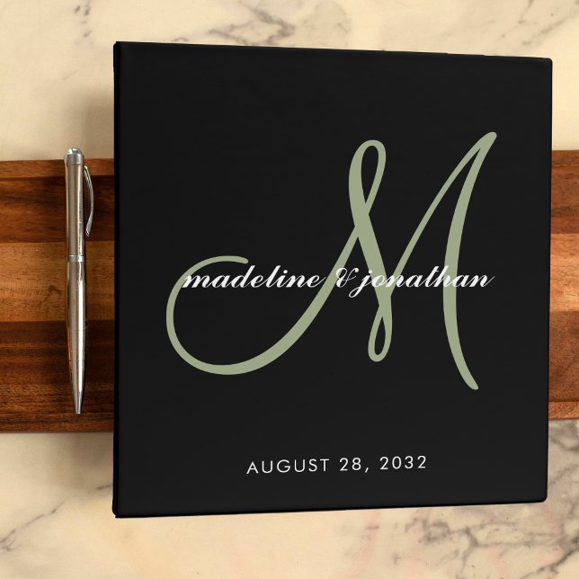 Elegant Black Green Script Monogram Wedding Album 3 Ring Binder (Creator Uploaded)