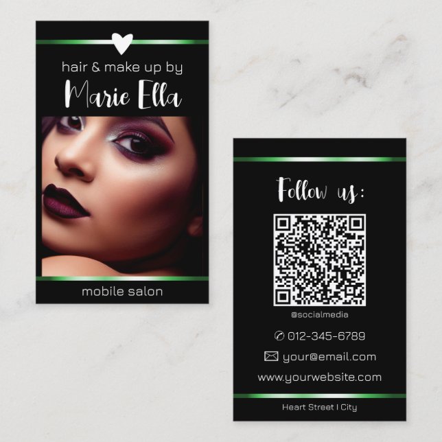 Elegant Black Green Shimmery Lines Photo QR Code Business Card (Front/Back)