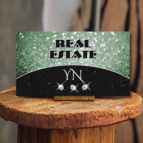 Elegant Black Green Sparkle Glitter with Monogram Business Card