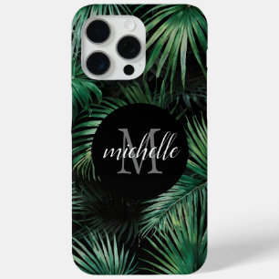 Elegant black green Tropical Palm Leaves Monogram  iPhone 15 Pro Max Case