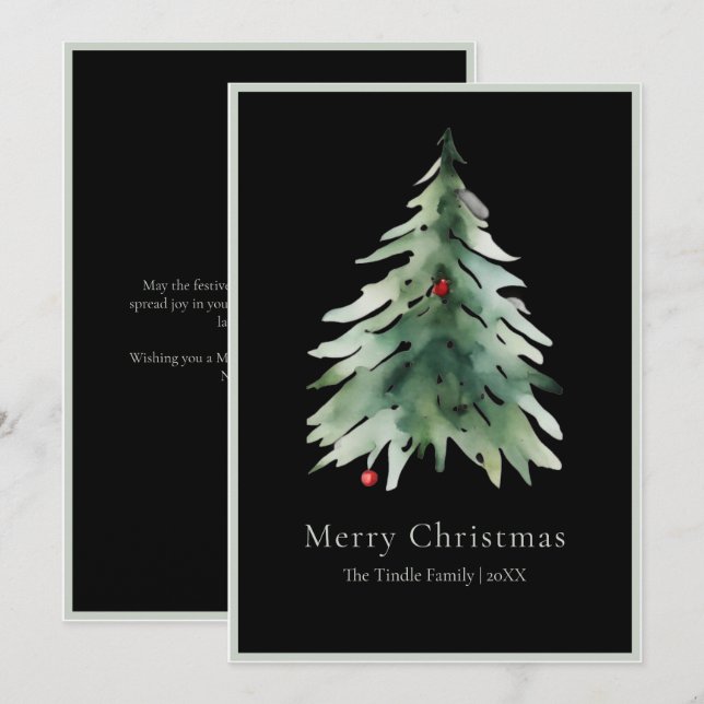 Elegant Black Green Watercolor Christmas Tree Holiday Card (Front/Back)