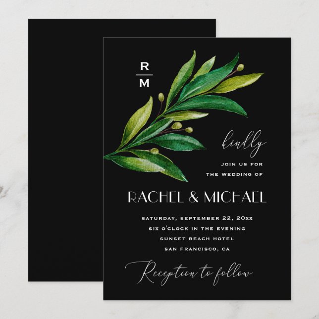 Elegant black green wedding. Watercolor greenery Invitation (Front/Back)