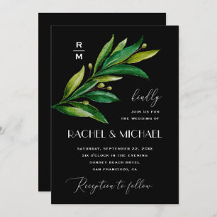 Elegant black green wedding. Watercolor greenery Invitation