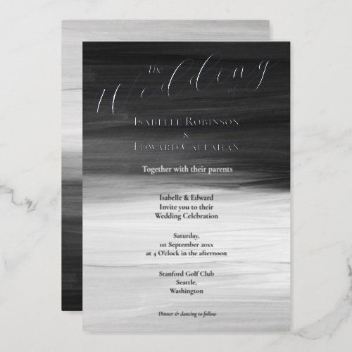 Elegant Black  Grey  Color Wash Silver Lettering Foil Invitation