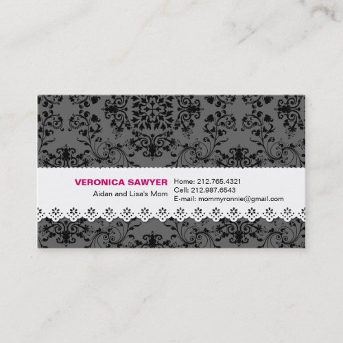 Elegant Black &amp; Grey Damask with Lace Profile / Mo Business Cards