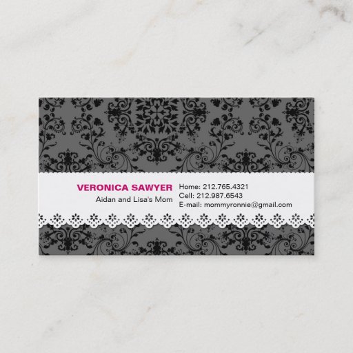Customizable Elegant Black &amp; Grey Damask with Lace Profile / Mo Business Cards