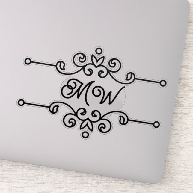   Elegant Black Grey Flourish Add Monogram Vintage Sticker (Detail)