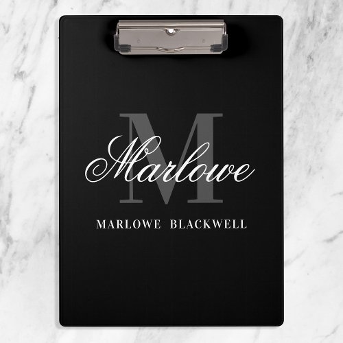 Elegant Black Grey Monogram Calligraphy Clipboard