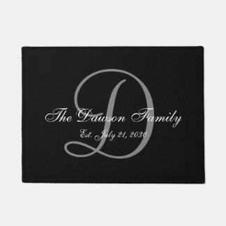 Elegant Black Grey Monogram Name Newlyweds Wedding Doormat