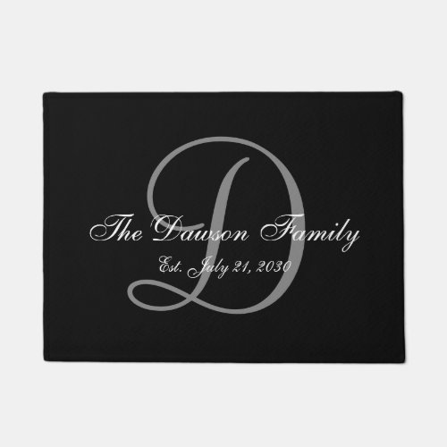 Elegant Black Grey Monogram Name Newlyweds Wedding Doormat