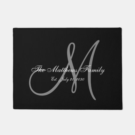 Elegant Black Grey Monogram Name Newlyweds Wedding Doormat