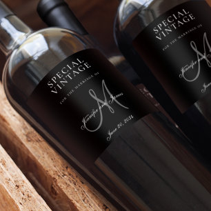 Elegant Black Grey Monogram Names Wedding Wine Label