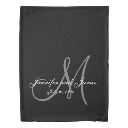 Elegant Black Grey Monogram Newlywed Wedding Duvet Cover