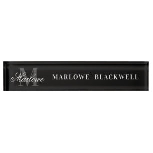 Elegant Black Grey Monogram Script Desk Name Plate