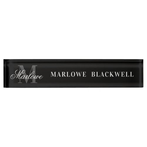 Elegant Black Grey Monogram Script Desk Name Plate