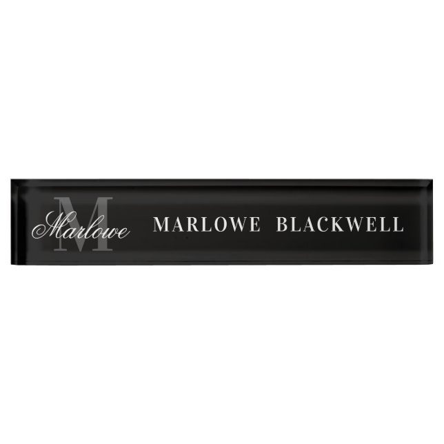 Elegant Black Grey Monogram Script Desk Name Plate (Front)