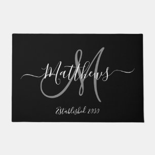 Elegant Black Grey Monogram Script Family Name Doormat