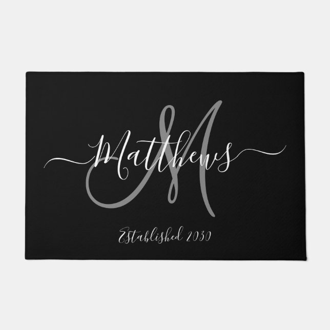 Elegant Black Grey Monogram Script Family Name Doormat (Front)