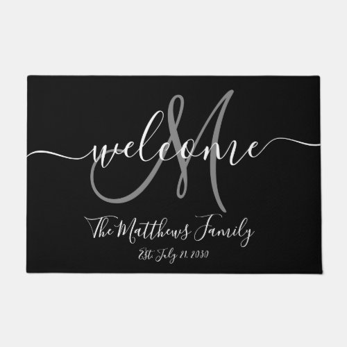Elegant Black Grey Monogram Script Name Wedding Doormat