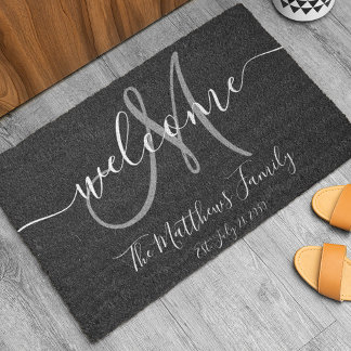Elegant Black Grey Monogram Script Name Wedding Doormat