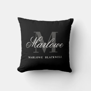 Elegant Black Grey Monogram Script Throw Pillow