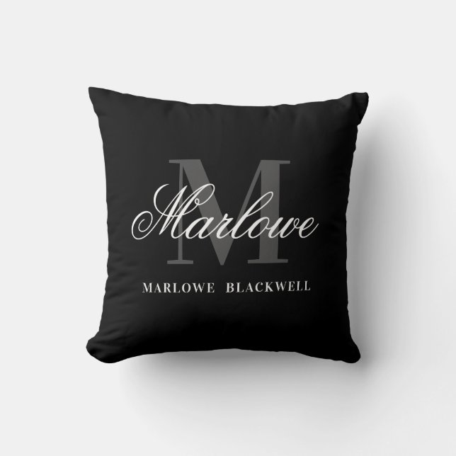 Elegant Black Grey Monogram Script Throw Pillow (Front)