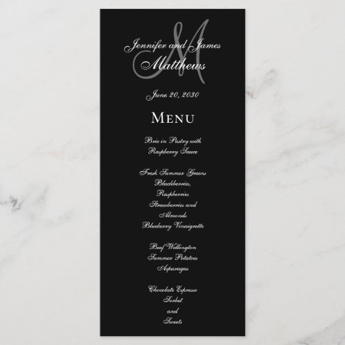 Elegant Black Grey Monogram Script Wedding Menu