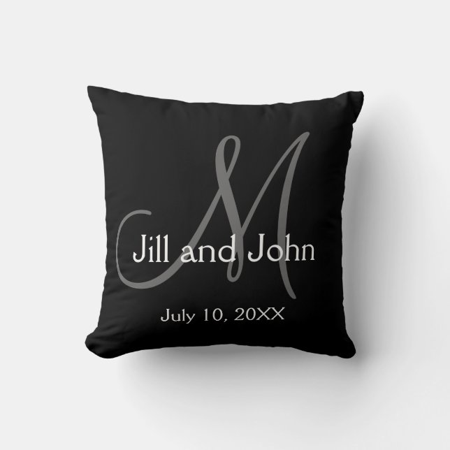Elegant Black Grey Monogram Wedding Keepsake Throw Pillow (Front)