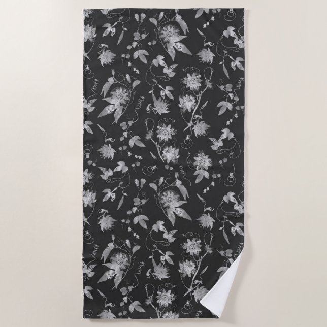 Elegant Black Grey Passion Flowers Pattern Beach Towel (Front)
