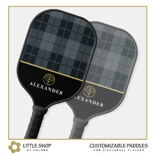 Elegant Black Grey Plaid Tartan Monogram Pickleball Paddle