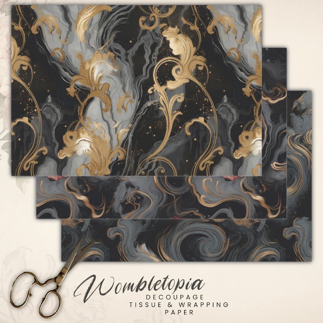 Elegant Black Grey  Red and Gold Marble Decoupage Wrapping Paper Sheets (Creator Uploaded)
