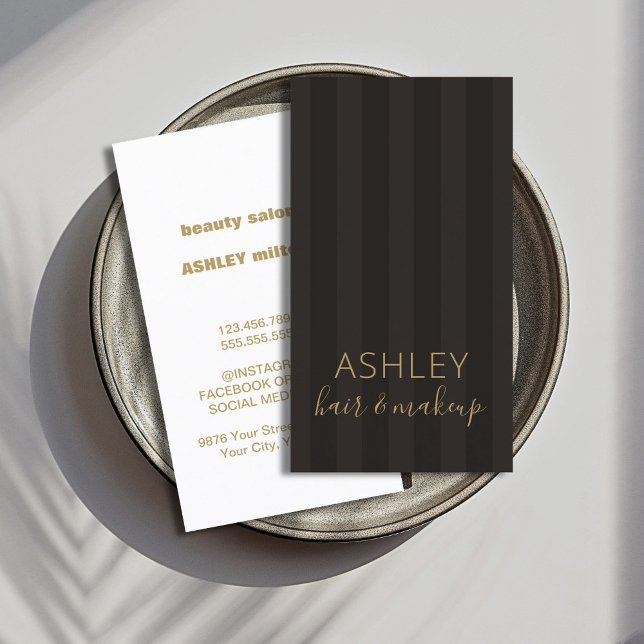 Elegant Black Grey Stripes Gold Hair Makeup Business Card (Creator Uploaded)
