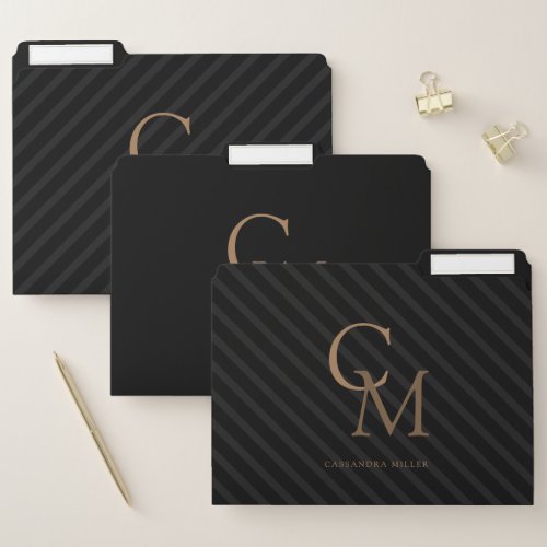 Elegant Black Grey Stripes Two Letter Initials File Folder