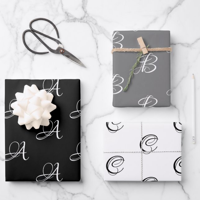 Elegant black grey white custom script monogram wrapping paper sheets (Front)