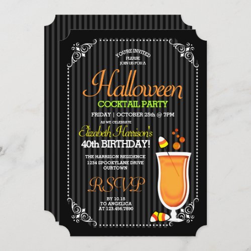 Elegant Black Halloween Birthday Cocktail Party Invitation