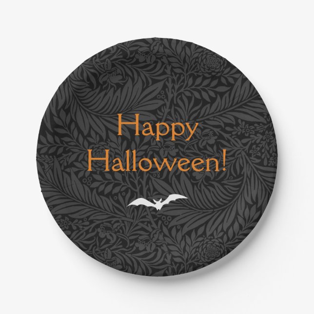 Elegant Black Halloween Floral Paper Plates (Front)