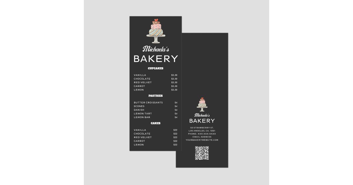 Elegant Black Hand-Drawn Cake QR Code Bakery Menu | Zazzle