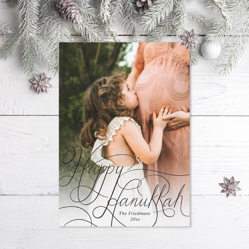 Elegant Black Hand Lettered Happy Hanukkah Photo Holiday Card