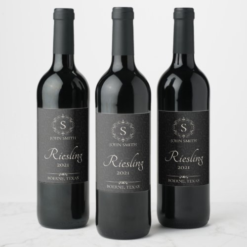 Elegant Black Handcrafted Wine Monogrammed Wine Label