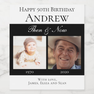 Elegant Black Happy Birthday Then and Now Photos Wine Label