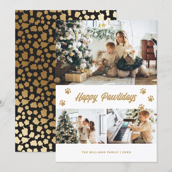 Elegant Black Happy Pawlidays Gold Stars Photo Christmas Card