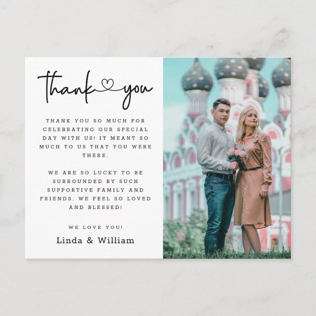 Elegant Black Heart Script Photo Wedding Thank You Postcard (Front)
