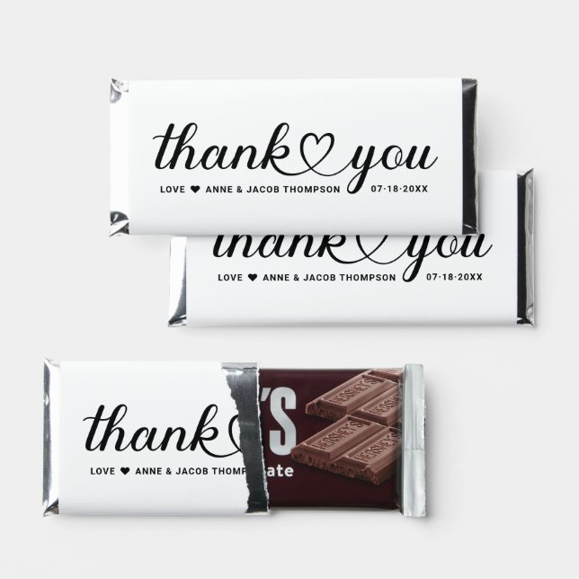 Elegant Black Heart Script White Wedding Thank You Hershey Bar Favors (Front)