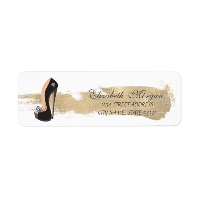 Elegant Black High Heels, Gold Brush Stroke Label (Front)