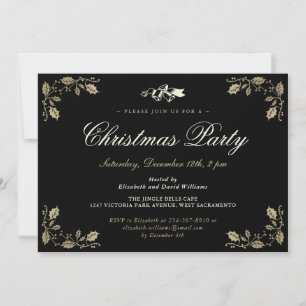 Elegant Black Holly Bells Christmas Holiday Party Invitation