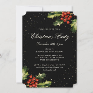 Elegant Black Holly Red Berries Christmas Party Invitation