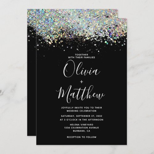 Elegant Black Holographic Glitter Wedding Invitation