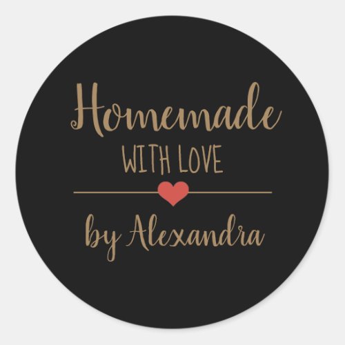 Elegant black homemade with love gold script  classic round sticker